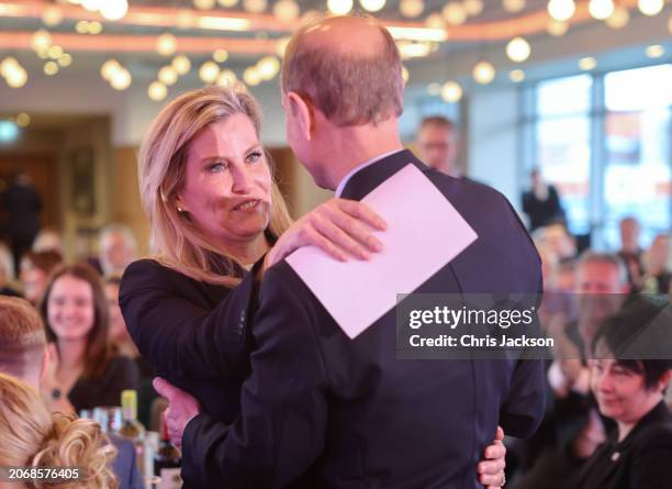 Prince Edward, Duke of Edinburgh and Sophie, Duchess of Edinburgh hug after her speech during the Community Sport and Recreation Awards on...