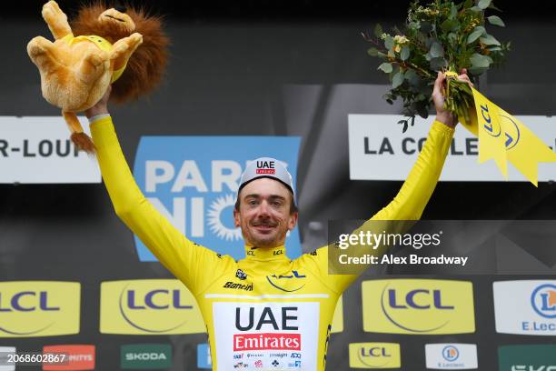 Brandon Mcnulty of The United States and UAE Team Emirates celebrates at podium as Yellow leader jersey winner during the 82nd Paris - Nice 2024,...