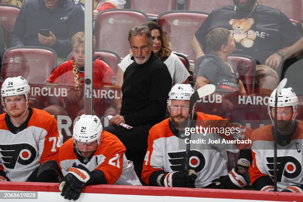 Head coach John Tortorella of the Philadelphia Flyers looks on during second period action against the Florida Panthers at the Amerant Bank Arena on...