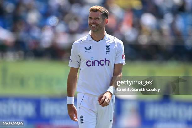 James Anderson of England during day two of the 5th Test Match between India and England at Himachal Pradesh Cricket Association Stadium on March 08,...