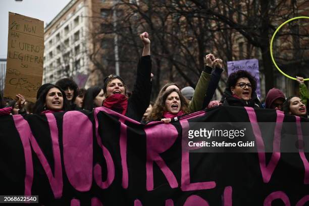Women protest during the International Women's Day on March 8, 2024 in Turin, Italy. Festa della Donna, celebrated in Italy on March 8th each year,...