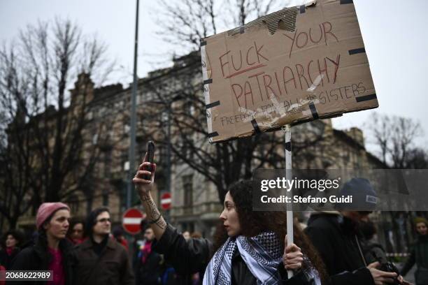 Women protest during the International Women's Day on March 8, 2024 in Turin, Italy. Festa della Donna, celebrated in Italy on March 8th each year,...