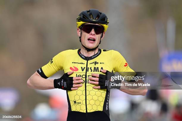 Jonas Vingegaard Hansen of Denmark and Team Visma-Lease A Bike celebrates at finish line as stage winner during the 59th Tirreno-Adriatico 2024,...