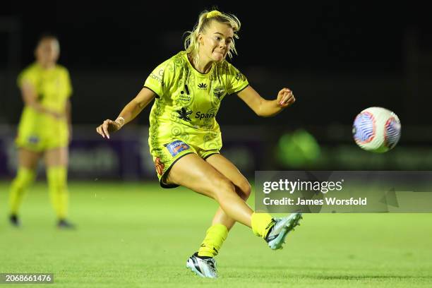 Alyssa Whinham of the Phoenix shoots for goal during the A-League Women round 19 match between Perth Glory and Wellington Phoenix at Macedonia Park,...