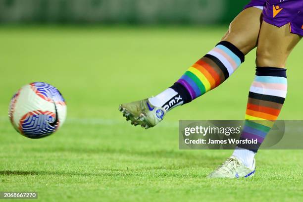Pride Socks shown as part of the Pride Round during the A-League Women round 19 match between Perth Glory and Wellington Phoenix at Macedonia Park,...