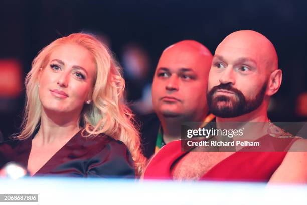 Tyson Fury and his wife Paris Fury are seen ringside during the Heavyweight fight between Roman Fury and Martin Svarc on the Knockout Chaos boxing...