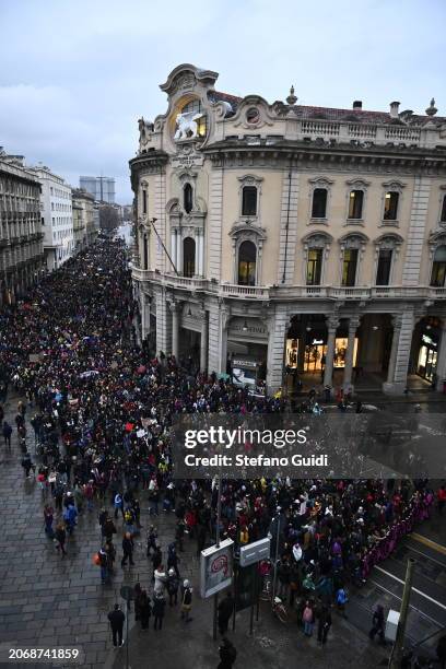 People participate in a protest during International Women's Day on March 8, 2024 in Turin, Italy. Festa della Donna, celebrated in Italy on March...