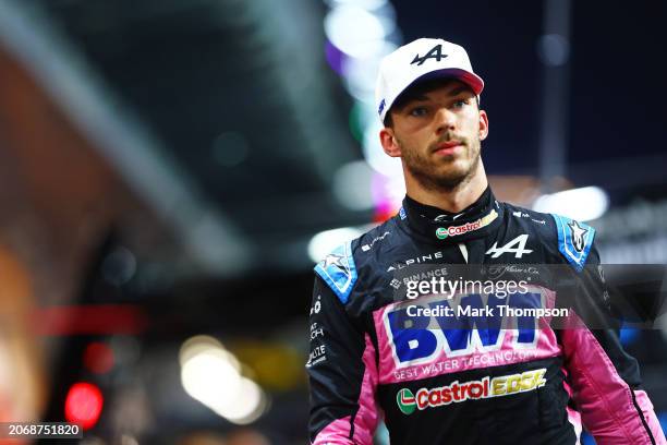 18th placed qualifier Pierre Gasly of France and Alpine F1 walks in the Pitlane during qualifying ahead of the F1 Grand Prix of Saudi Arabia at...