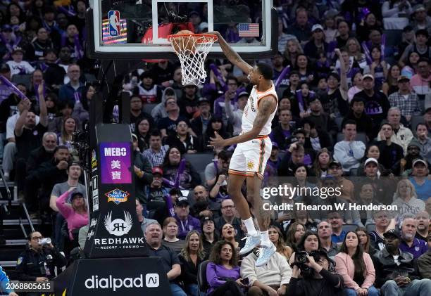 Blake Wesley of the San Antonio Spurs slam dunks against the Sacramento Kings during the fourth quarter of an NBA basketball game at Golden 1 Center...