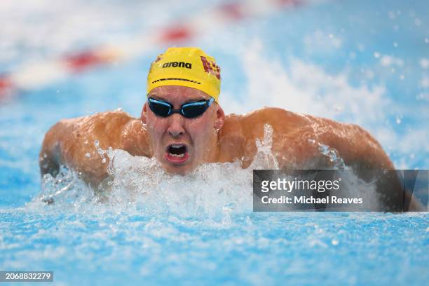 Chase Kalisz competes in the Men's 200 Meter Butterfly heats on Day 3 of the TYR Pro Swim Series Westmont at FMC Natatorium on March 08, 2024 in...