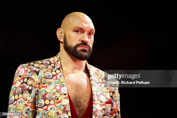 Tyson Fury looks as he is interviewed by DAZN on the Knockout Chaos boxing card at the Kingdom Arena on March 08, 2024 in Riyadh, Saudi Arabia.