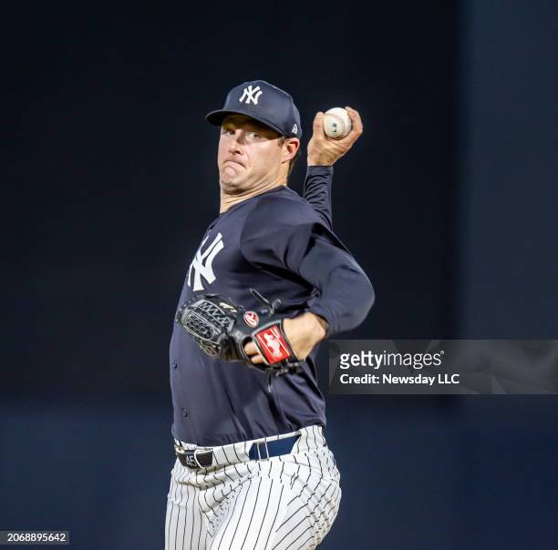 New York Yankees starting pitcher Gerrit Cole warming up in the first inning while playing the Toronto Blue Jays at George M. Steinbrenner Field, in...