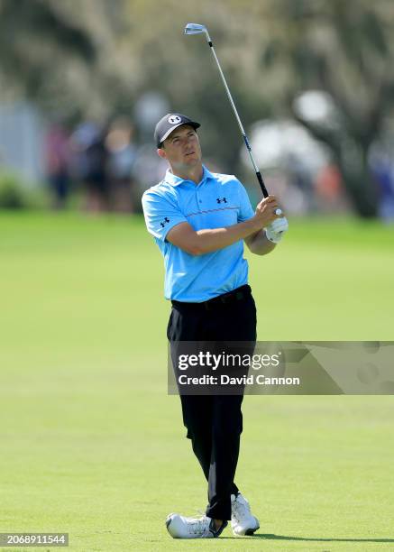 Jordan Spieth of The United States plays his second shot on the first hole during the second round of the Arnold Palmer Invitational presented by...