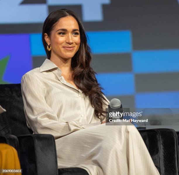 Meghan, Duchess of Sussex, speaks onstage during the "Keynote: Breaking Barriers, Shaping Narratives: How Women Lead On and Off the Screen" during...