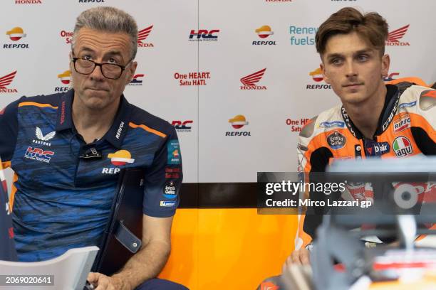 Luca Marini of Italy and Repsol Honda Team looks on in box during the MotoGP Of Qatar - Free Practice at Losail Circuit on March 08, 2024 in Doha,...