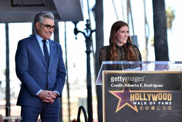 Eugene Levy and Sarah Levy speak onstage during the ceremony honoring Eugene Levy with a Star on the Hollywood Walk of Fame on March 08, 2024 in...