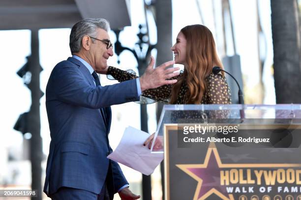 Eugene Levy and Sarah Levy speak onstage during the ceremony honoring Eugene Levy with a Star on the Hollywood Walk of Fame on March 08, 2024 in...
