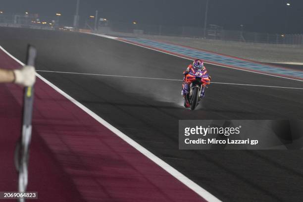 Jorge Martin of Spain and Prima Pramac Racing heads down a straight during the MotoGP Of Qatar - Free Practice at Losail Circuit on March 08, 2024 in...