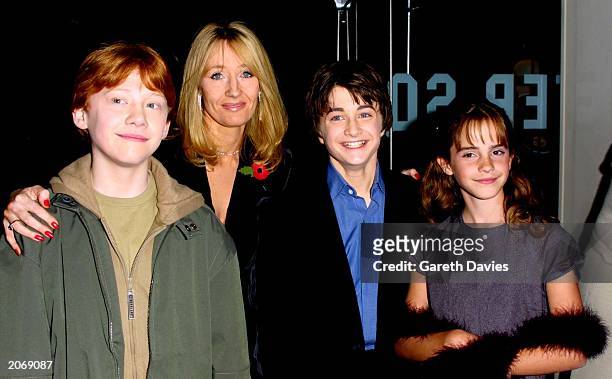 Rupert Grint , author J.K. Rowling, Daniel Radcliffe and Emma Watson attend the world film premiere of "Harry Potter and The Philosopher's Stone" at...