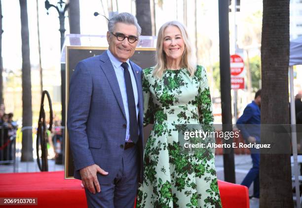 Eugene Levy and Catherine O'Hara attend the ceremony honoring Eugene Levy with a Star on the Hollywood Walk of Fame on March 08, 2024 in Hollywood,...