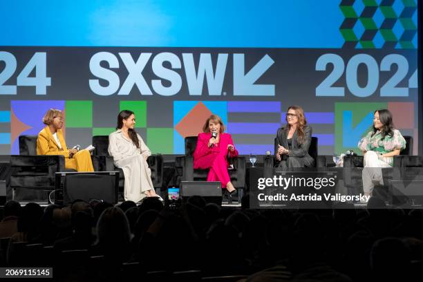 Errin Haines, Meghan, Duchess of Sussex, Katie Couric, Brooke Shields and Nancy Wang Yuen speak onstage during the Breaking Barriers, Shaping...