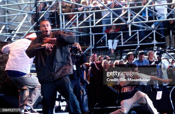 Michael Diamond, Adam Yauch, and Adam Horovitz of Beastie Boys perform during the Tibetan Freedom Concert at the Polo Fields in Golden Gate Park on...