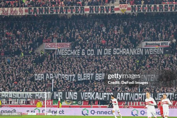 VfB Stuttgart fans with a banner during the Bundesliga match between VfB Stuttgart and 1. FC Union Berlin at MHPArena on March 8, 2024 in Stuttgart,...