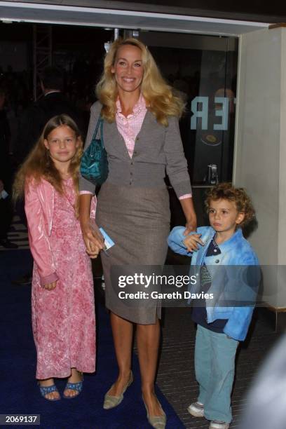 American model turned actress Jerry Hall and her children, Georgia May and Gabriel Jagger, attend the world film premiere of "Harry Potter and The...
