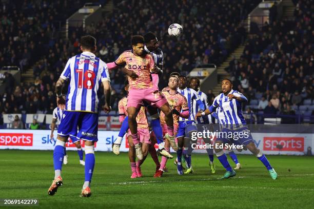 Georginio Rutter of Leeds United heads towards goal and misses during the Sky Bet Championship match between Sheffield Wednesday and Leeds United at...