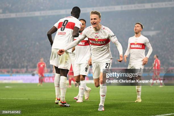 Chris Fuehrich of VfB Stuttgart celebrates scoring his team's second goal during the Bundesliga match between VfB Stuttgart and 1. FC Union Berlin at...