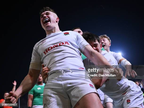 Ben Waghorn of England celebrates with teammates after scoring his team's third try during the U20 Six Nations match between England and Ireland at...