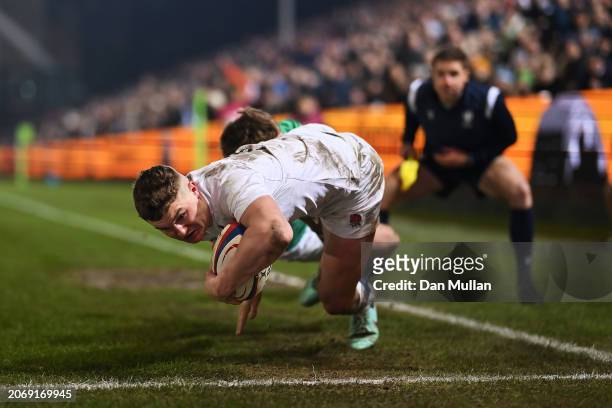 Ben Waghorn of England scores his team's third try during the U20 Six Nations match between England and Ireland at The Recreation Ground on March 08,...