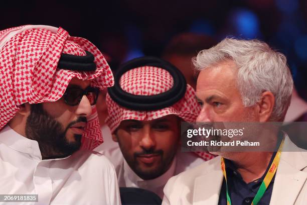 Turki Alalshikh, Chairman of the Saudi General Authority for Entertainment interacts with Portuguese football manager, Jose Mourinho, during the WBA...