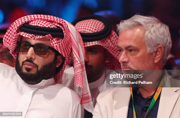 Turki Alalshikh, Chairman of the Saudi General Authority for Entertainment and Jose Mourinho, Portuguese football manager, watch on during the WBA...