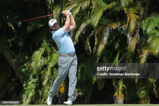 Brice Garnett of the United States plays his shot from the fourth tee during the second round of the Puerto Rico Open at Grand Reserve Golf Club on...