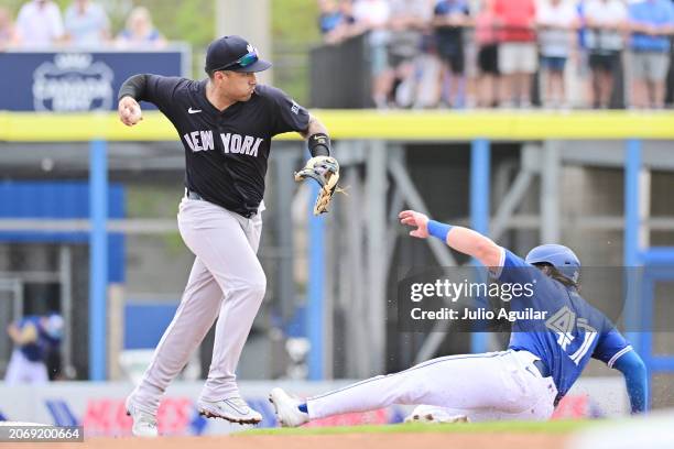 Gleyber Torres of the New York Yankees turns a double play in the third inning against the Toronto Blue Jays during a 2024 Grapefruit League Spring...