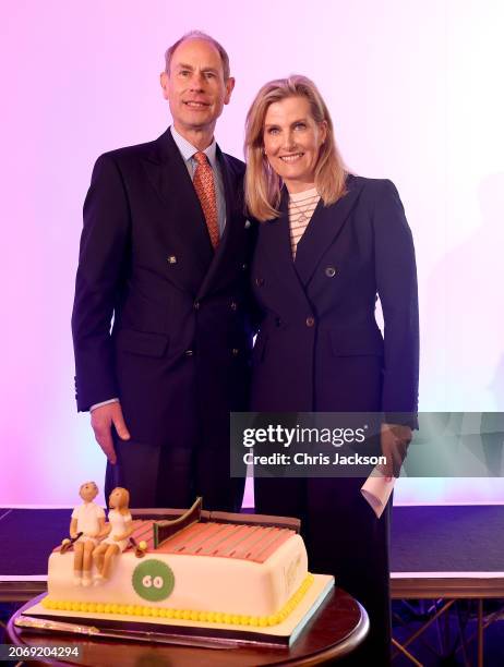 Prince Edward, Duke of Edinburgh and Sophie, Duchess of Edinburgh's smile as Prince Edward's about to cut his 60th Birthday cake, during the...