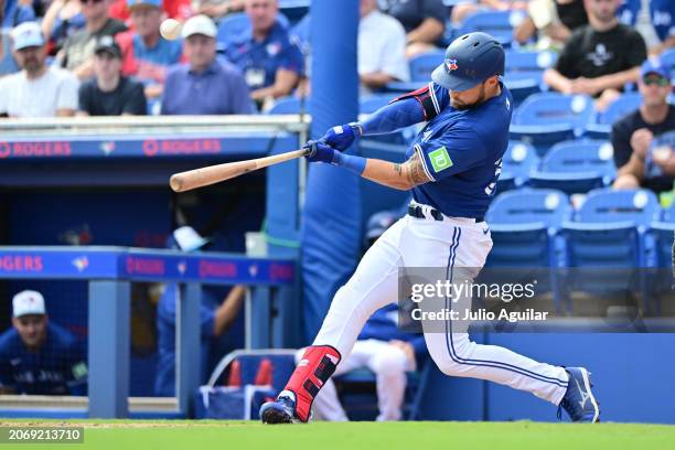 Nathan Lukes of the Toronto Blue Jays hits in the fourth inning against the New York Yankees during a 2024 Grapefruit League Spring Training game at...