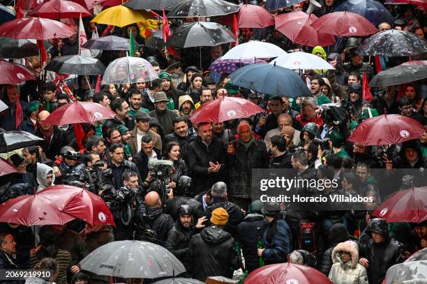 Socialist Party Secretary-General and candidate for Prime Minister Pedro Nuno Santos walks accompanied by Portuguese PM Antonio Costa, Finance...