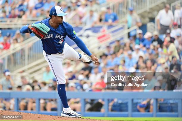 Genesis Cabrera of the Toronto Blue Jays delivers a pitch to the New York Yankees in the fifth inning during a 2024 Grapefruit League Spring Training...