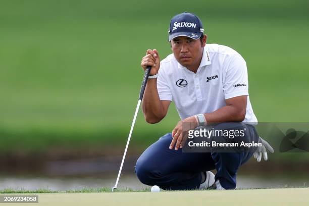 Hideki Matsuyama of Japan looks over a putt on the 13th hole during the second round of the Arnold Palmer Invitational presented by Mastercard at...