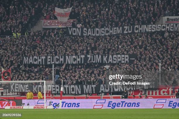 VfB Stuttgart fans with a banner during the Bundesliga match between VfB Stuttgart and 1. FC Union Berlin at MHPArena on March 8, 2024 in Stuttgart,...