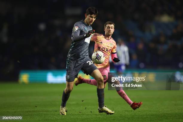 James Beadle of Sheffield Wednesday is challenged by Patrick Bamford of Leeds United during the Sky Bet Championship match between Sheffield...