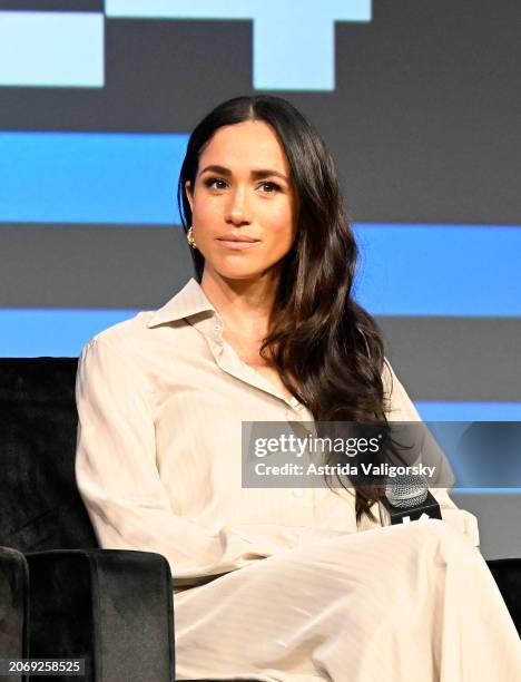 Meghan, Duchess of Sussex speaks onstage during the Breaking Barriers, Shaping Narratives: How Women Lead On and Off the Screen panel during the 2024...