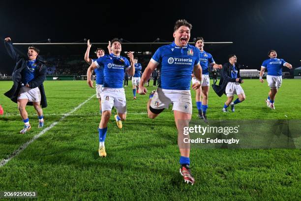 Italian players celebrate during the U20 Six Nations match between Italy and Scotland at Stadio comunale di Monigo on March 08, 2024 in Treviso,...