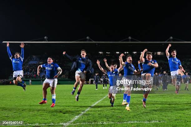 Italian players celebrate during the U20 Six Nations match between Italy and Scotland at Stadio comunale di Monigo on March 08, 2024 in Treviso,...