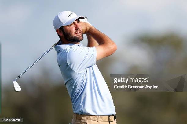 Scottie Scheffler of the United States hits a tee shot on the 14th hole during the second round of the Arnold Palmer Invitational presented by...