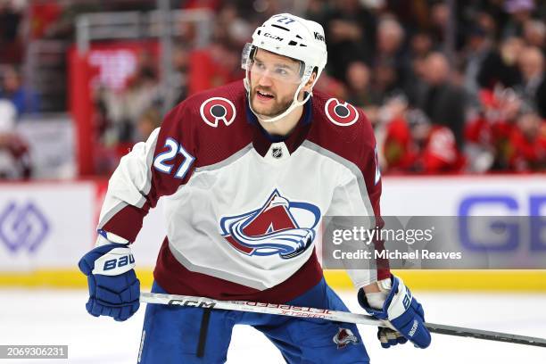 Jonathan Drouin of the Colorado Avalanche looks on against the Chicago Blackhawks during the third period at the United Center on February 29, 2024...
