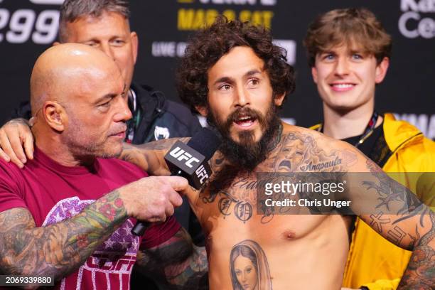 Marlon Vera of Ecuador is interviewed during the UFC 299 ceremonial weigh-in at Kaseya Center on March 08, 2024 in Miami, Florida.