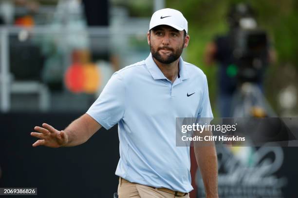 Scottie Scheffler of the United States reacts after making a birdie on the 17th hole during the second round of the Arnold Palmer Invitational...